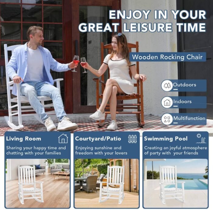 Wood Outdoor Rocking Chair, Oversized Patio Rocking Chair w/400lbs Support & High Backrest | Porch, Lawn, Garden, Backyard, Outdoor, Indoor, White - Image 9