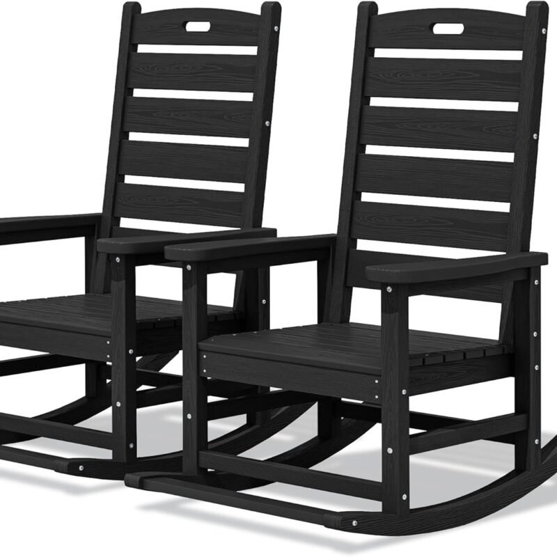SERWALL Outdoor Rocking Chair Set of 2, Oversized Rocking Chair with Footboard for Adults, HDPE All Weather Resistant Rocking Chairs for Patio, 350lbs Weight Capacity, Black