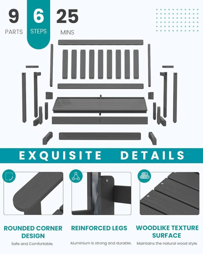 SERWALL Outdoor Glider Rocking Chair, HDPE All-Weather Resistant 2-Person Loveseat, Outdoor Rocking Bench Chair with 660LBS Capacity for Backyard Garden Porch, Grey - Image 4