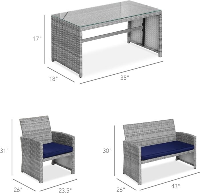 Best Choice Products 4-Piece Outdoor Wicker Patio Conversation Furniture Set for Backyard w/Coffee Table, Seat Cushions - Gray/Navy - Image 7