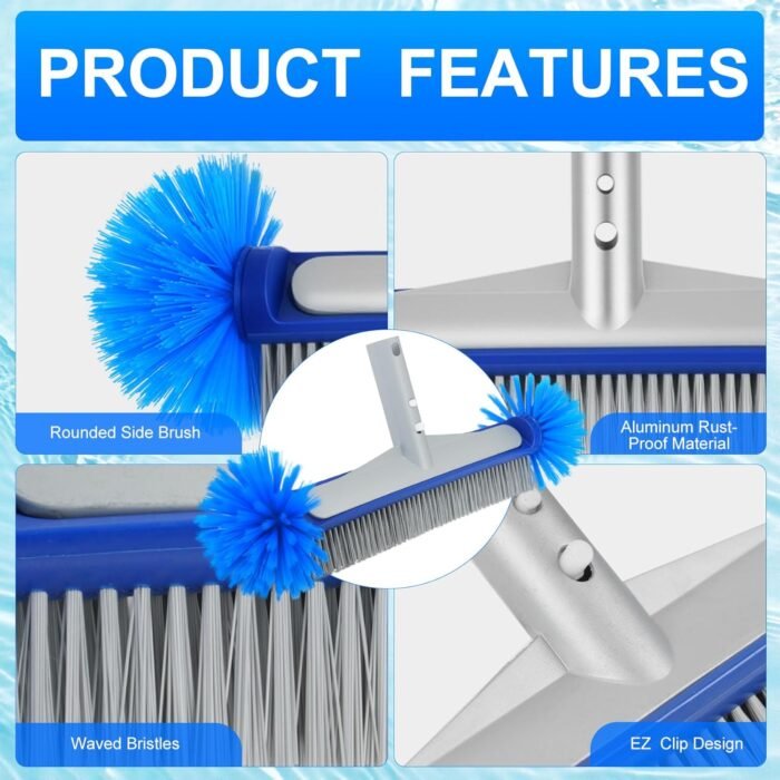 3PCS Swimming Pool Cleaning Kit, Pool Cleaning Tools with 17”Round Pool Brush and Half-Deep Fine Mesh Pool Leaf Skimmer Net & Aluminum Pole 5-Segment for Above Ground Pools, Ponds, Spas, Hot Tubs - Image 2