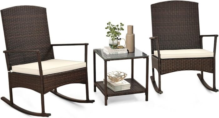 Tangkula 3 Pieces Rocking Wicker Bistro Set, Outdoor Front Porch Rocker Chairs Conversation Set with 2-Tier Tempered Glass Coffee Table and Thick Cushions for Garden, Balcony, Poolside (Off White)