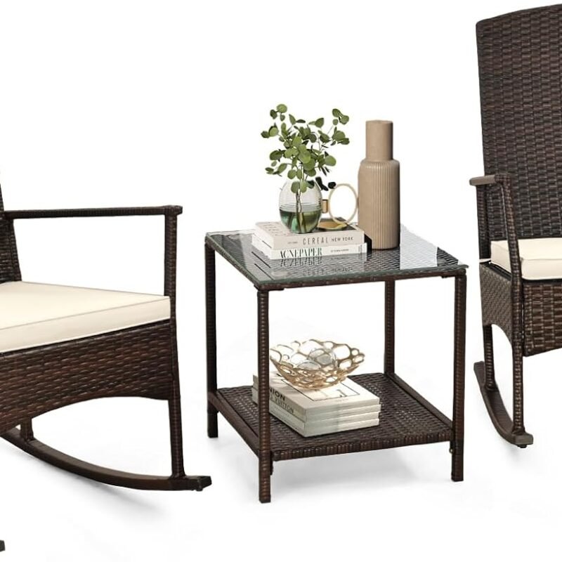 Tangkula 3 Pieces Rocking Wicker Bistro Set, Outdoor Front Porch Rocker Chairs Conversation Set with 2-Tier Tempered Glass Coffee Table and Thick Cushions for Garden, Balcony, Poolside (Off White)