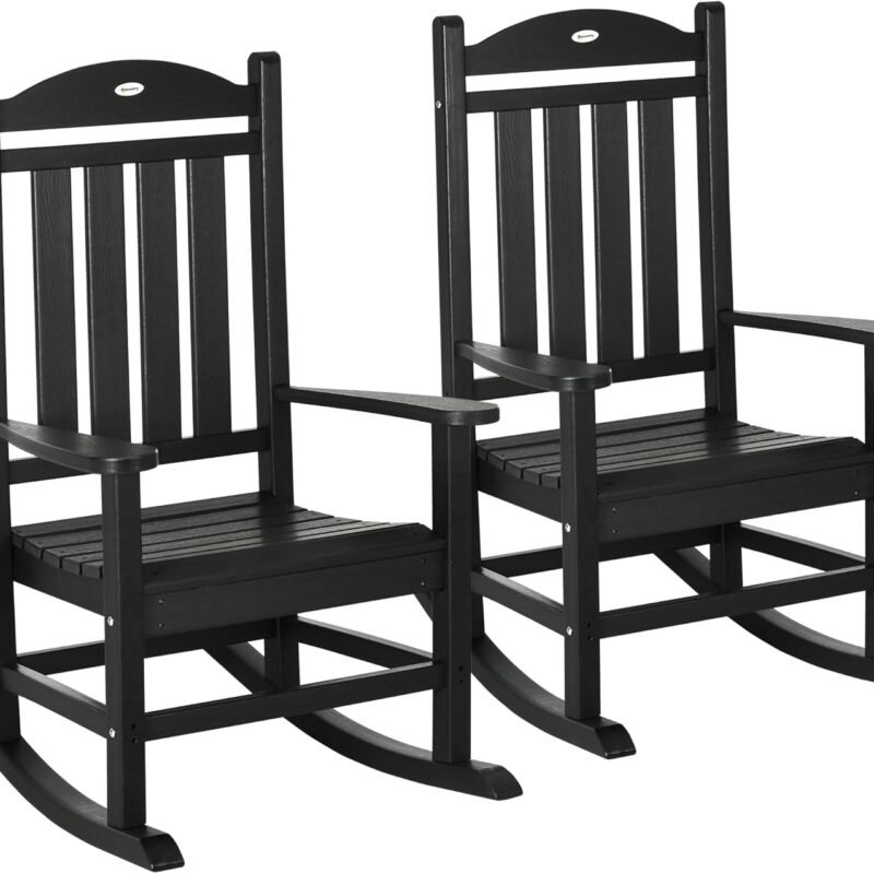 Outsunny 2 Pieces Outdoor Rocking Chair, All Weather-Resistant HDPE Rocking Patio Chairs with Rustic High Back, Armrests, Oversized Seat and Slatted Backrest, 350lbs Weight Capacity, Black