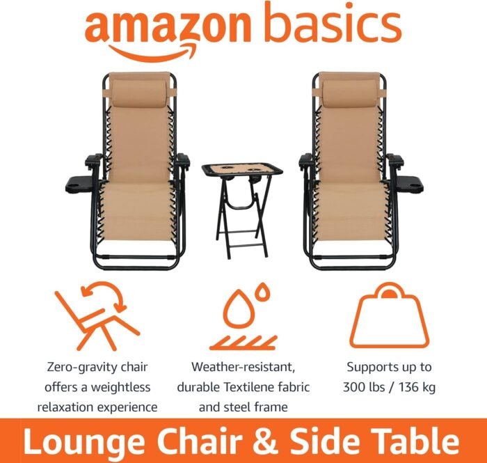 Amazon Basics Outdoor Patio Mesh Adjustable Zero Gravity Lounge Chair Recliners set of 2 with Side Table, 35 x 26 x 43 inches, Beige - Image 4