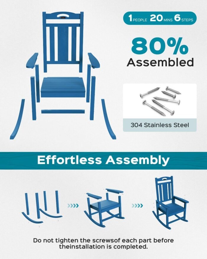 Oversized Rocking Chair Outdoor, HDPE Poly Rocking Chair, All Weather Porch Rocker for Deck Patio Balcony, 380lbs, Azure Blue - Image 7