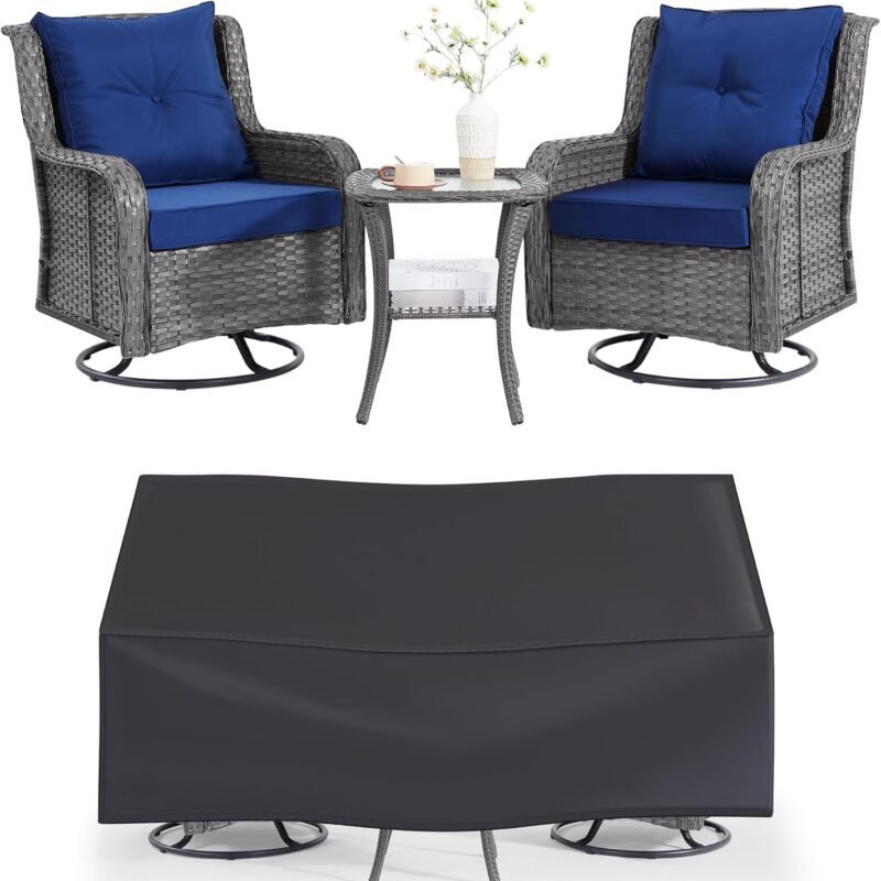 Patio Furniture Sets, 3 Pieces Wicker Outdoor Furniture - 360 Degree Swivel Rocking Chairs and Rattan Side Table for Garden,Porch,Backyard (Grey Wicker/Blue Cushion, 3PCS - Swivel Chairs)