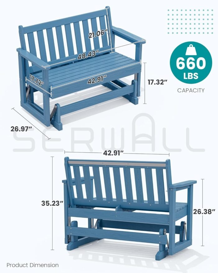 SERWALL 2 Person Patio Glider Rocking Chair, HDPE Material Weather-Resistant Swinging Bench for Outdoor Porch Garden, Navy - Image 2