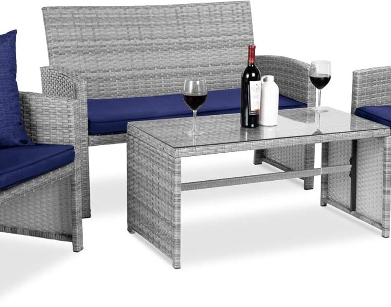 Best Choice Products 4-Piece Outdoor Wicker Patio Conversation Furniture Set for Backyard w/Coffee Table, Seat Cushions - Gray/Navy