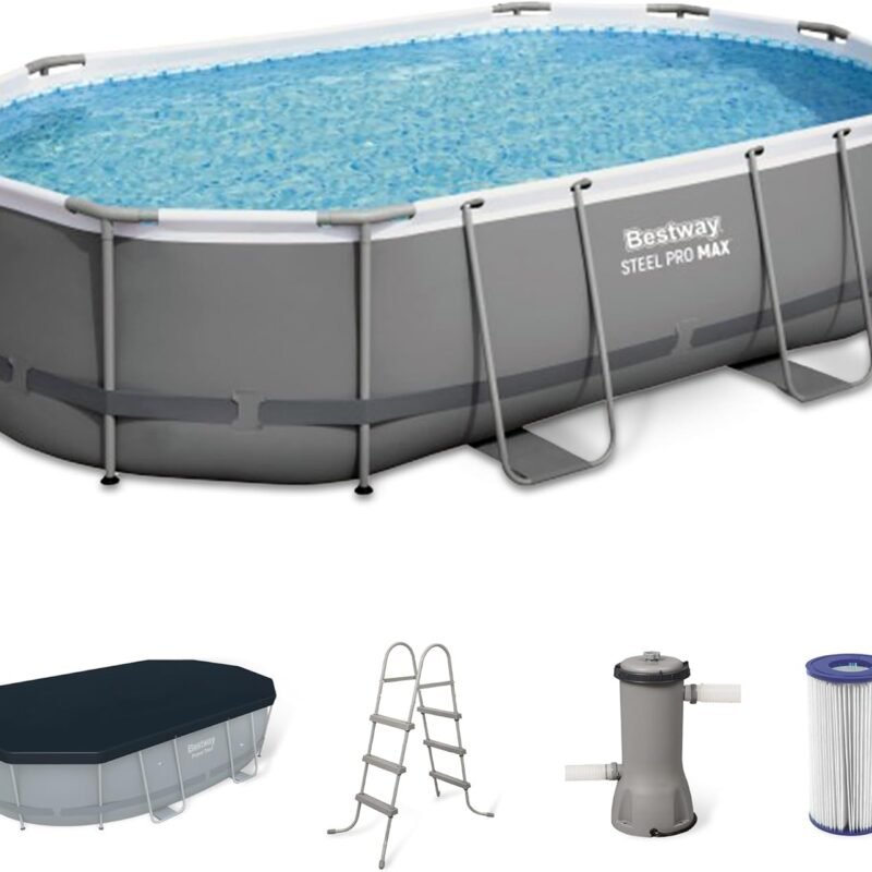 Bestway Power Steel 16' x 10' x 42" Rectangular Metal Frame Above Ground Swimming Pool Set with 1000 GPH Filter Pump, Ladder, and Pool Cover