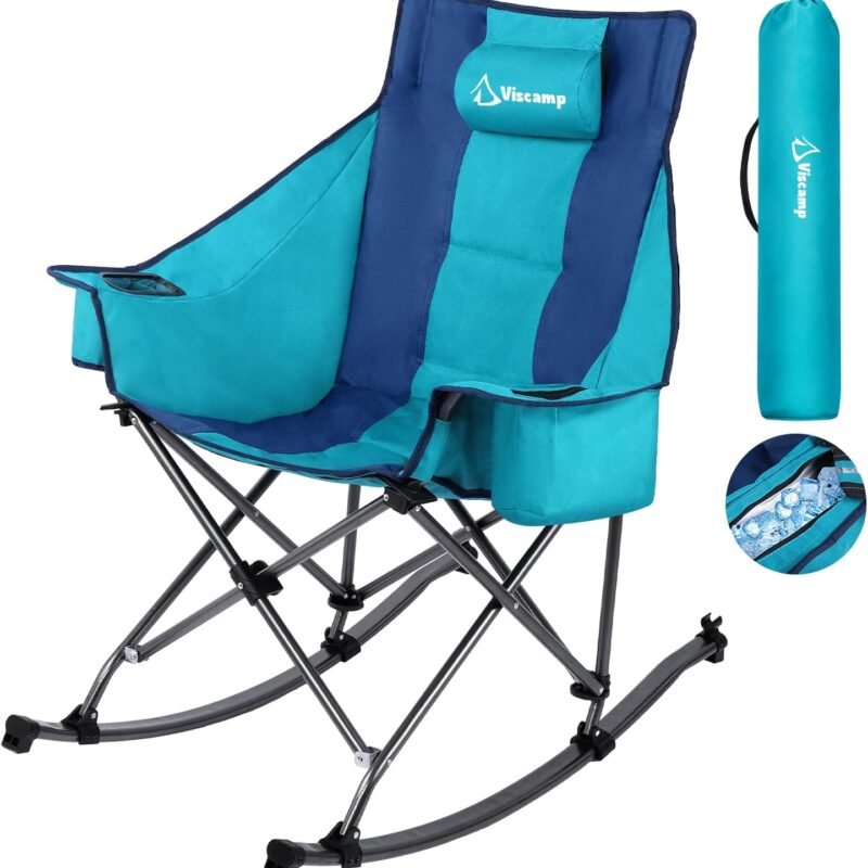 350lbs Rocking Camping Chair, Oversized Fully Padded Patio Chair Lawn Chairs With Cooler Bag Headrest and Cup Holder Rocking Chair Outdoor Folding Chairs For Outside Camping Contest(BlueGreen)