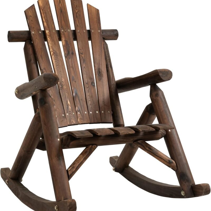 Outsunny Outdoor Wooden Rocking Chair, Single-Person Adirondack Rocking Patio Chair with Rustic High Back, Slatted Seat and Backrest for Indoor, Backyard, Garden, Carbonized