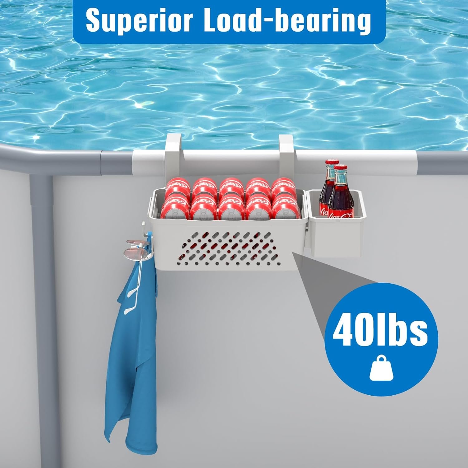 【2025 Upgrade】 2 Sets Poolside Storage Basket with Cup Holders, Above Ground Pool Accessories, Swimming Pool Storage Basket 3-in-1 Functionality, Fits 3 Inch or Less Top Rail ( Beige, 2Pcs ) - Image 7