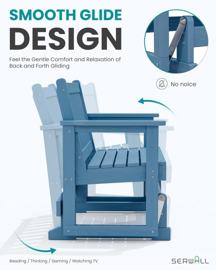 SERWALL 2 Person Patio Glider Rocking Chair, HDPE Material Weather-Resistant Swinging Bench for Outdoor Porch Garden, Navy - Image 3