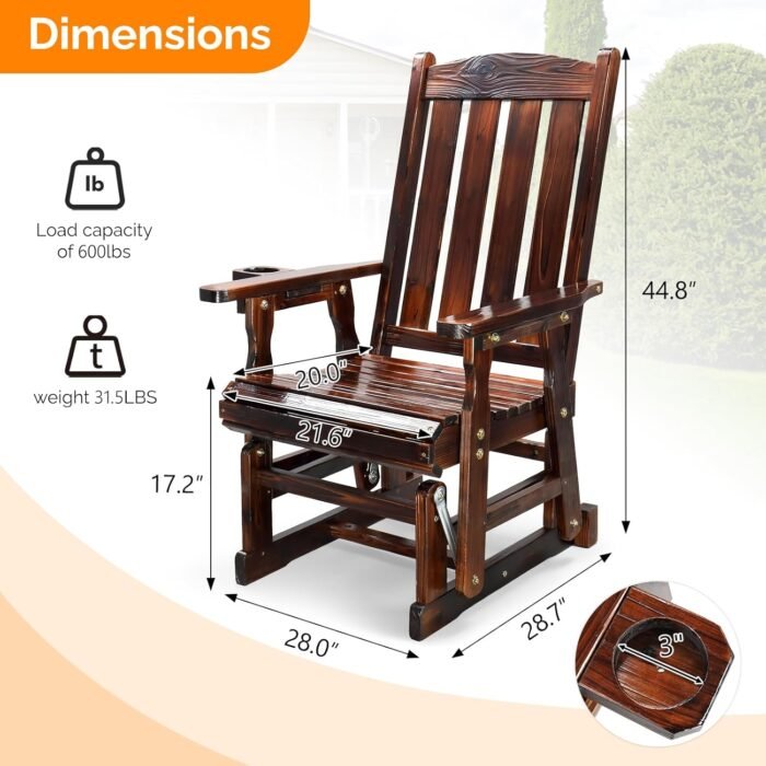 VINGLI Outdoor Glider Chair Wood Patio Glider with Cup Holder, Porch Glider with Smooth Rocking Mechanism, Heavy Duty 600 LBS, Rustic - Image 3