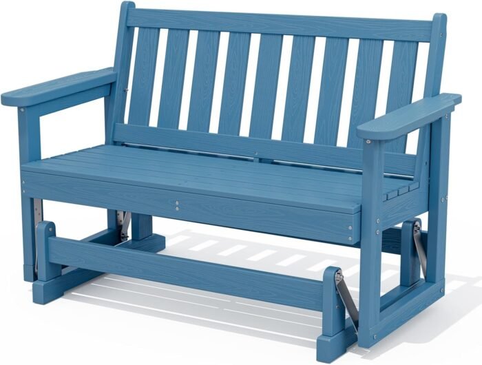SERWALL 2 Person Patio Glider Rocking Chair, HDPE Material Weather-Resistant Swinging Bench for Outdoor Porch Garden, Navy