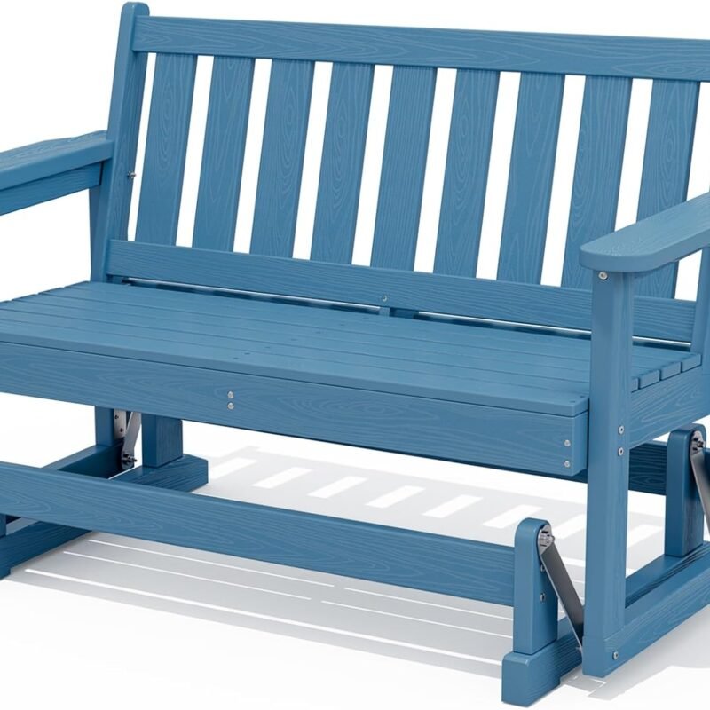 SERWALL 2 Person Patio Glider Rocking Chair, HDPE Material Weather-Resistant Swinging Bench for Outdoor Porch Garden, Navy