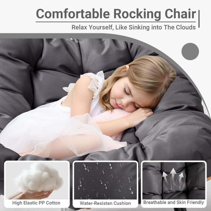 VINGLI Papason Rocking Chair Outdoor, Patio Rocking Chair with Cushion, Comfortable Rocker Weatherproof for Garden, Yard, Outdoor/Indoor, Grey - Image 3