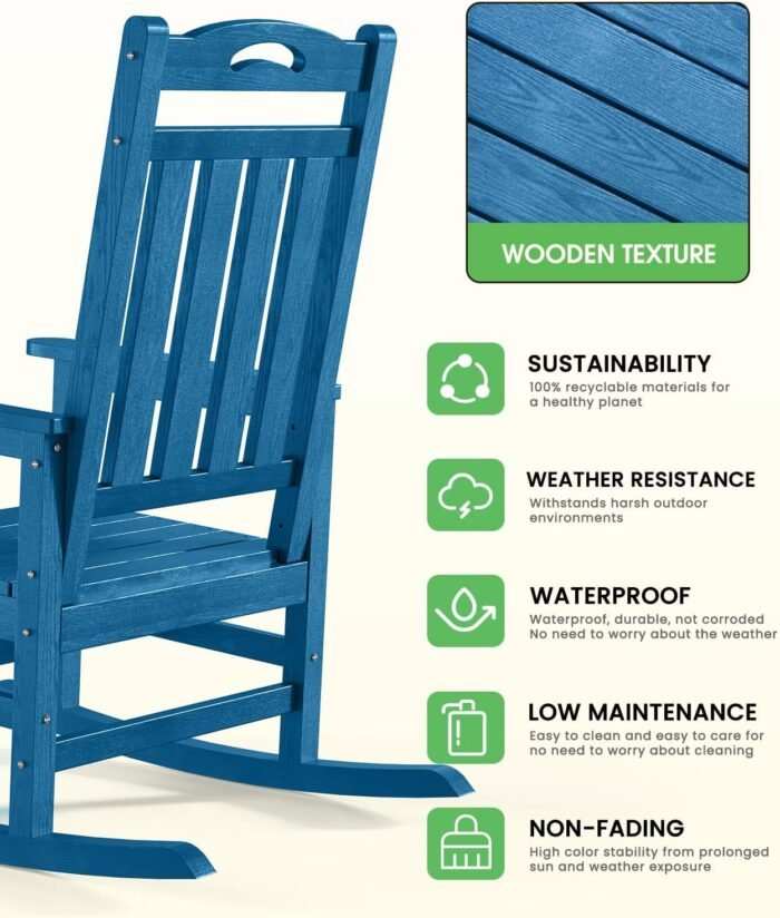 Oversized Outdoor Rocking Chair, High Back Porch Rocker Chair, HDPE All Weather Resistant Rocking Chairs for Patio, 380lbs Weight Capacity, Navy Blue - Image 6