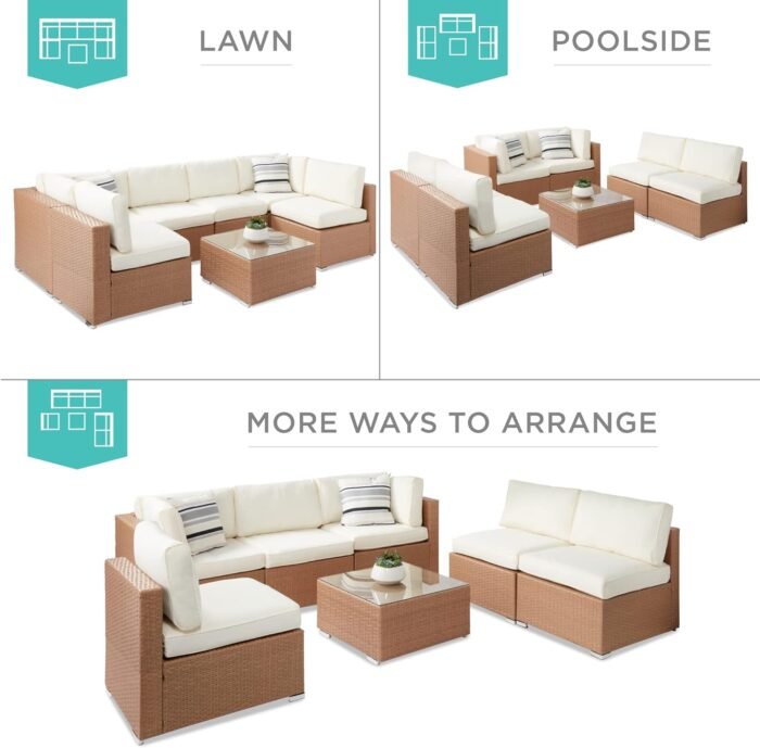 Best Choice Products 7-Piece Modular Outdoor Sectional Wicker Patio Conversation Set w/ 2 Pillows, Coffee Table, Cover Included - Natural/Ivory - Image 3