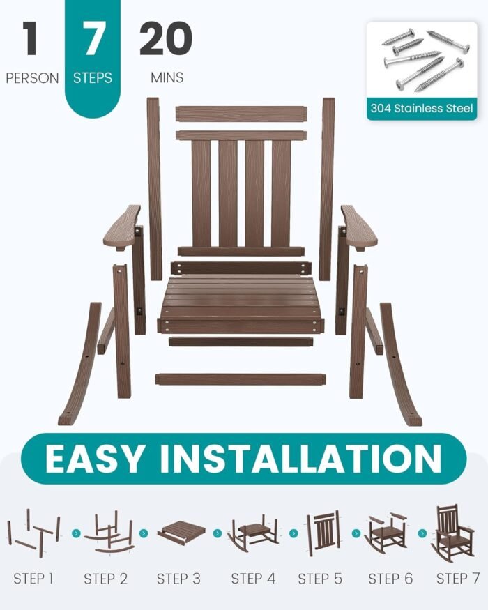 SEWALL Oversized Outdoor Rocking Chair Set of 2, HDPE Rocking Chair for Adults, Patio Rocking Chairs for Porch, Brown - Image 5