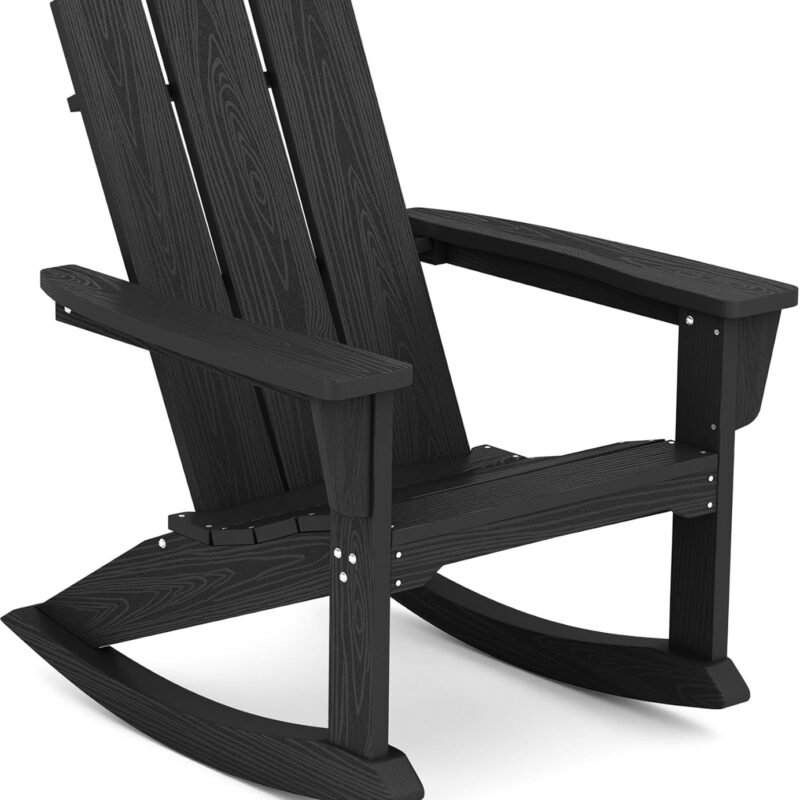 SERWALL Modern Rocking Adirondack Chair, All Weather Outdoor Rocking Chair for Patio, Porch, Garden, Backyard, Black