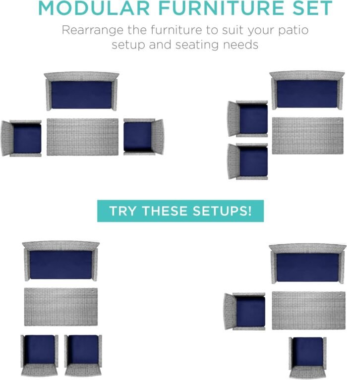 Best Choice Products 4-Piece Outdoor Wicker Patio Conversation Furniture Set for Backyard w/Coffee Table, Seat Cushions - Gray/Navy - Image 2