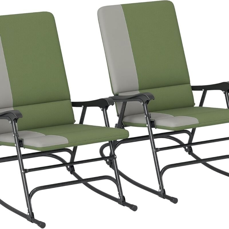 Outsunny Folding Outdoor Rocking Chairs Set of 2, Oversized Outdoor Rocking Camping Chair with 400 lbs. Capacity, Wide Seat, Padded High Back for Patio, Porch, Garden, Dark Green