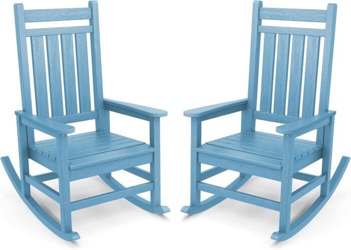 SERWALL Outdoor Rocking Chair Set of 2, HDPE Rocking Chairs for Adult, All Weather Porch Rockers for Lawn Garden, Light Blue