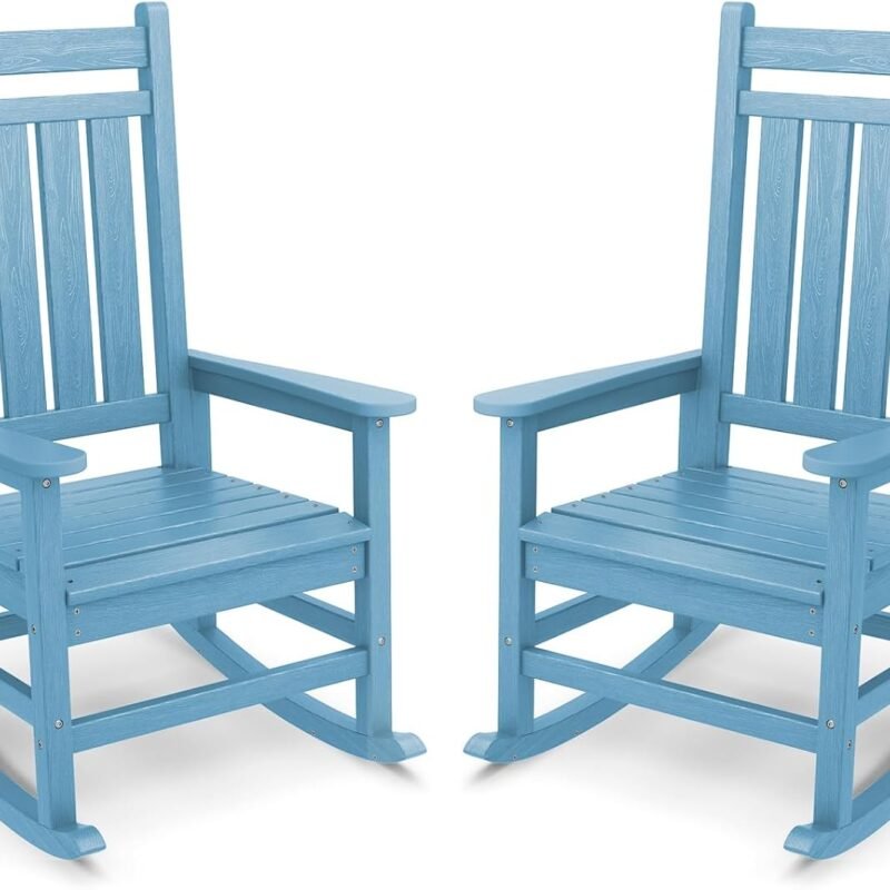 SERWALL Outdoor Rocking Chair Set of 2, HDPE Rocking Chairs for Adult, All Weather Porch Rockers for Lawn Garden, Light Blue