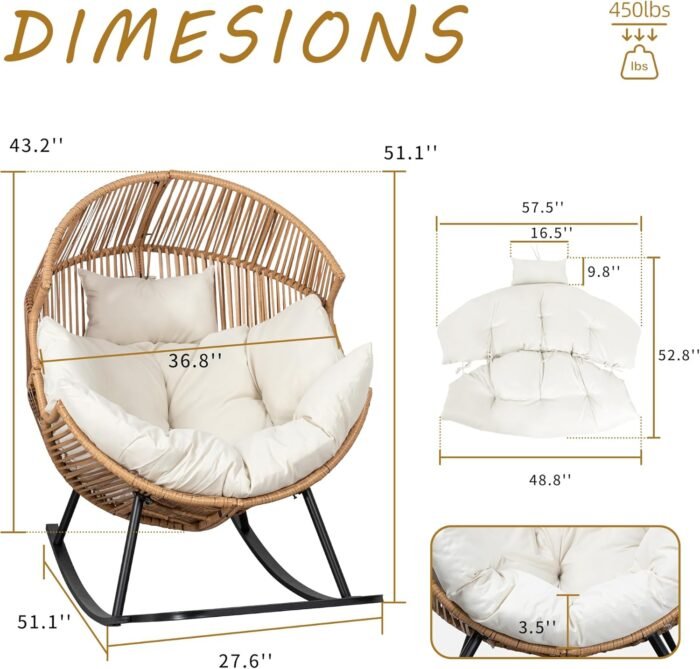 Shintenchi Wicker Egg Chair,Oversized Outdoor Indoor Rocking Chair,Large PE Rattan Rocking Chair with Cushion for Patio, Balcony, Backyard, Garden, Beige - Image 2