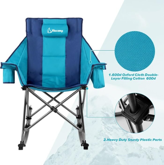 350lbs Rocking Camping Chair, Oversized Fully Padded Patio Chair Lawn Chairs With Cooler Bag Headrest and Cup Holder Rocking Chair Outdoor Folding Chairs For Outside Camping Contest(BlueGreen) - Image 6