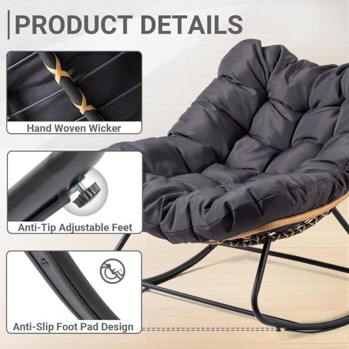 VINGLI Papason Rocking Chair Outdoor, Patio Rocking Chair with Cushion, Comfortable Rocker Weatherproof for Garden, Yard, Outdoor/Indoor, Grey - Image 4
