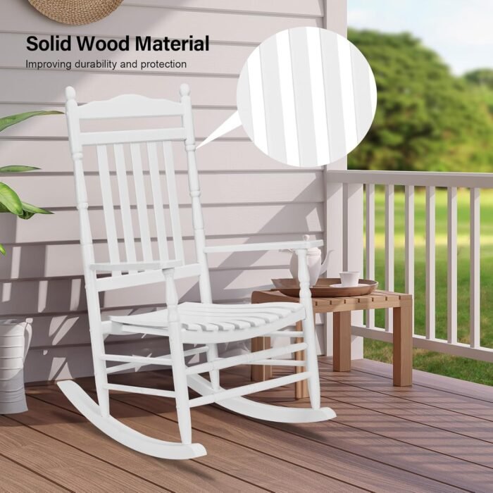 VINGLI 2 PCS Wood Rocking Chair Outdoor with 450 lbs Support, Patio Rocking Chair Set of 2, Solid Wood High Back Seat Reclining Seat for Deck, Garden, Backyard, Porch, Indoor or Outdoor Use, White - Image 6