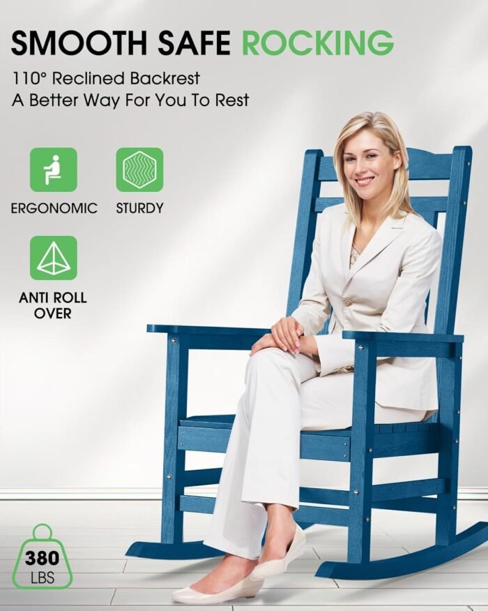 Oversized Outdoor Rocking Chair, High Back Porch Rocker Chair, HDPE All Weather Resistant Rocking Chairs for Patio, 380lbs Weight Capacity, Navy Blue - Image 4