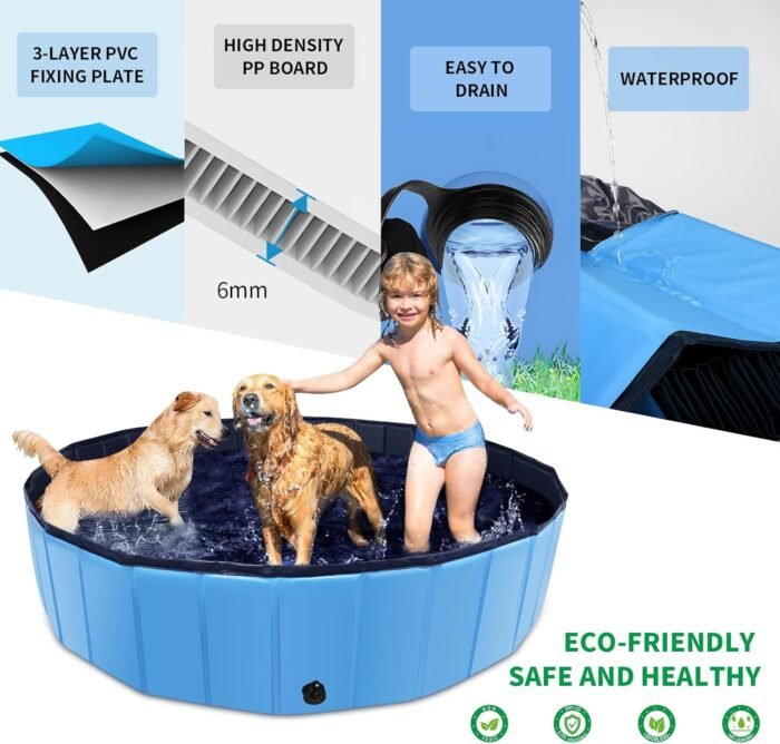 Foldable Dog Pool, 71" x 12" Large Kiddie Pool with Hard Plastic, Non-Slip Dog Bath Tub for Outdoor Backyard, Collapsible Dog Swimming Pool for Kids Dogs Pets (Blue) - Image 6