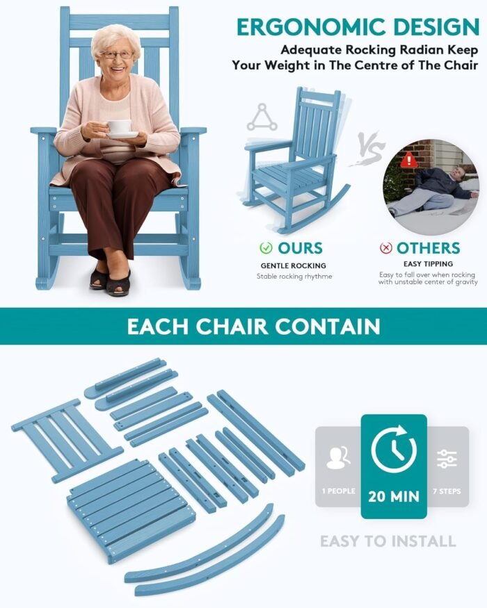 SERWALL Outdoor Rocking Chair Set of 2, HDPE Rocking Chairs for Adult, All Weather Porch Rockers for Lawn Garden, Light Blue - Image 5