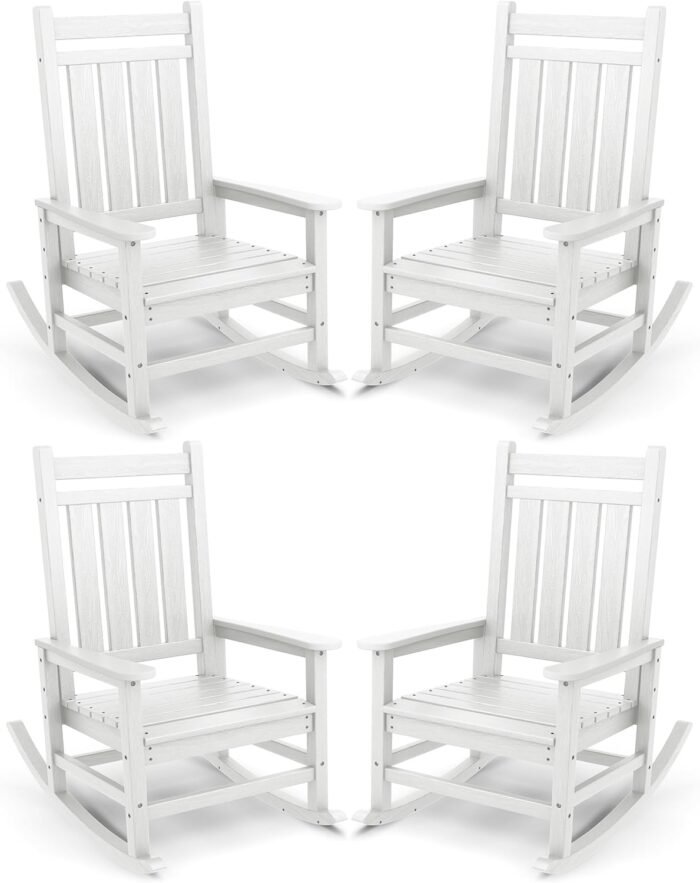 SEWALL Oversized Outdoor Rocking Chair Set of 4, HDPE Rocking Chair for Adults, Patio Rocking Chairs for Porch, White