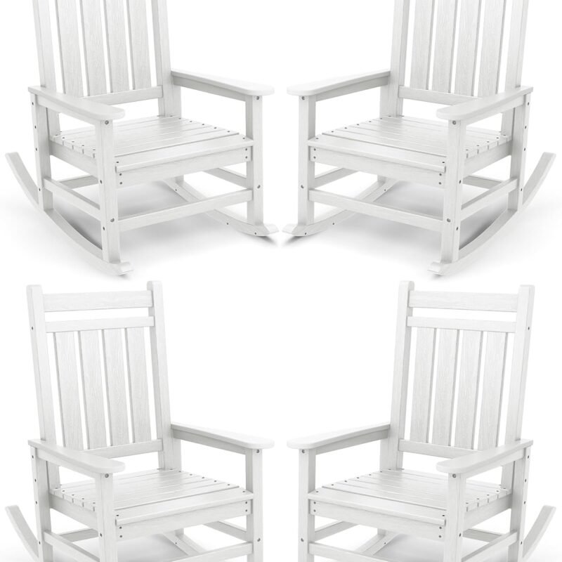 SEWALL Oversized Outdoor Rocking Chair Set of 4, HDPE Rocking Chair for Adults, Patio Rocking Chairs for Porch, White