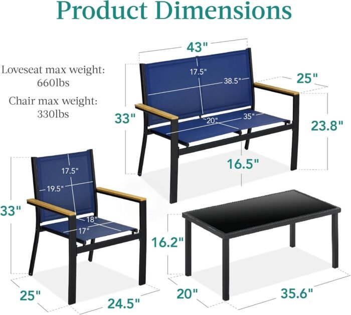 Best Choice Products 4-Piece Outdoor Textilene Patio Conversation Set, Backyard Furniture w/Loveseat, Coffee Table, Steel Frame - Black/Navy - Image 7
