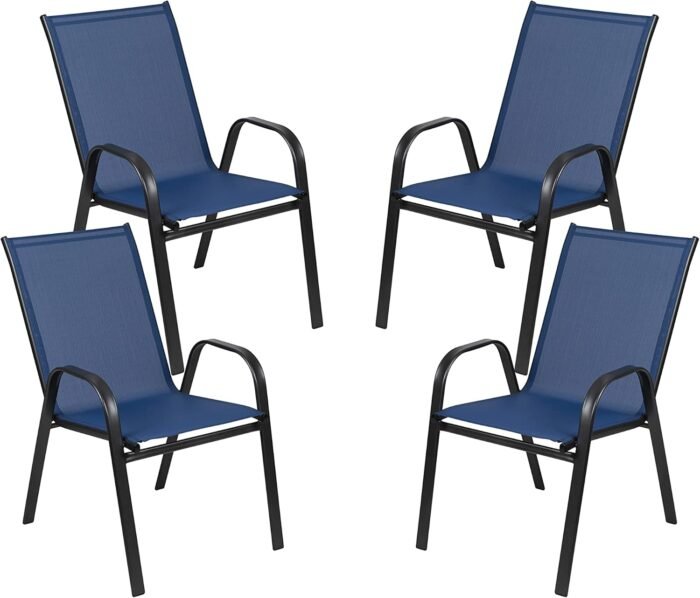 Flash Furniture Brazos Series Outdoor Stackable Patio Chairs with Flex Comfort Material, Stacking Outdoor Modern Sling Patio Chairs, Set of 4, Navy