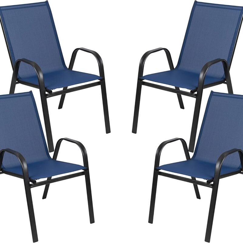 Flash Furniture Brazos Series Outdoor Stackable Patio Chairs with Flex Comfort Material, Stacking Outdoor Modern Sling Patio Chairs, Set of 4, Navy
