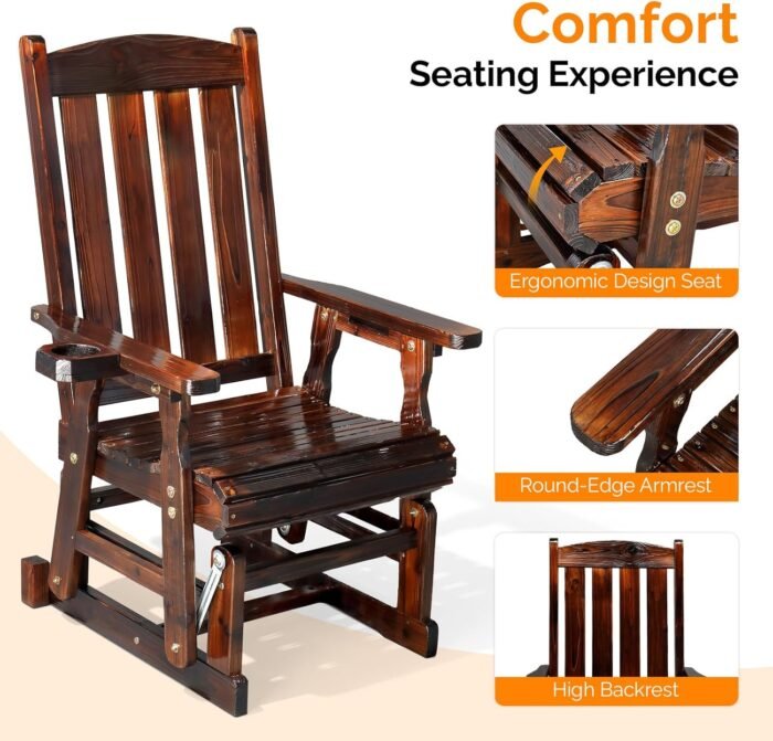 VINGLI Outdoor Glider Chair Wood Patio Glider with Cup Holder, Porch Glider with Smooth Rocking Mechanism, Heavy Duty 600 LBS, Rustic - Image 4