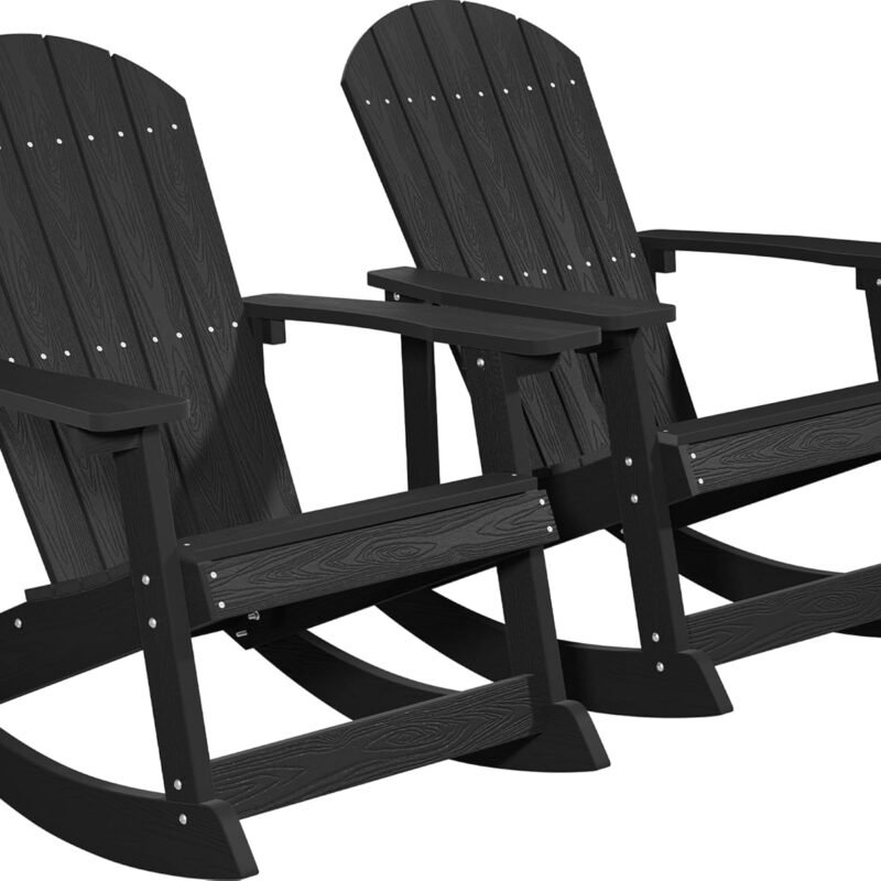 YEFU Outdoor Rocking Chairs Set of 2,Adirondack Rocking Chairs,Patio Rocker Chair with Wide Back,Oversized Rocker Chair, Look Like Real Wood, for Lawn, Porch, Backyard, Indoor and Garden(Black)