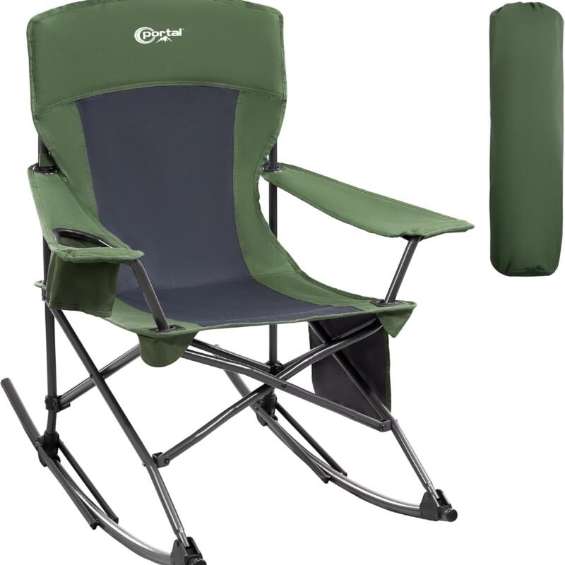 PORTAL Folding Camping Rocking Chair Portable Outdoor Rocker High Back Cup Holder Side Pocket Carry Bag Included, Support 300 lbs