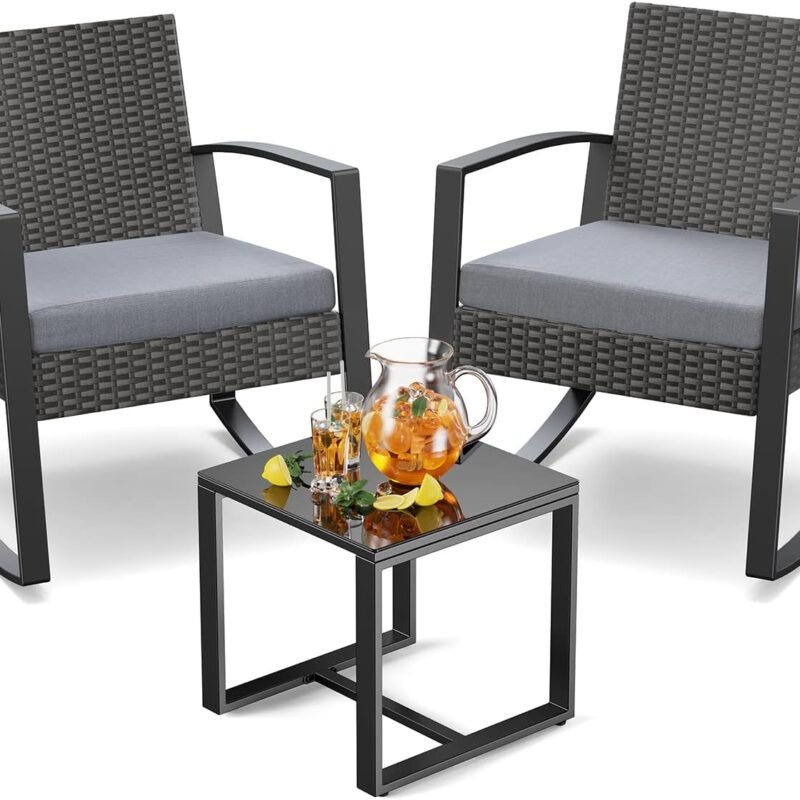 Noelse 3 Piece Wicker Patio Furniture Set, Outdoor Rocking Chairs, Outdoor Furniture with Table & Cushions, Patio Chairs for Balcony Porch, Gray
