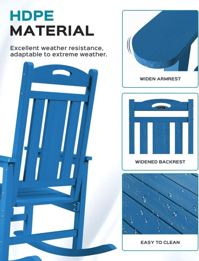 Oversized Rocking Chair Outdoor, HDPE Poly Rocking Chair, All Weather Porch Rocker for Deck Patio Balcony, 380lbs, Azure Blue - Image 5