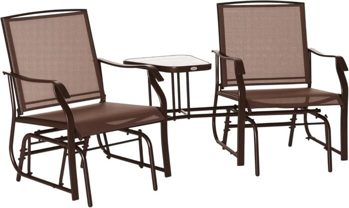 Outsunny Outdoor Glider Chairs with Coffee Table, Patio 2-Seat Rocking Chair Swing Loveseat with Breathable Sling for Backyard, Garden, and Porch, Coffee Brown