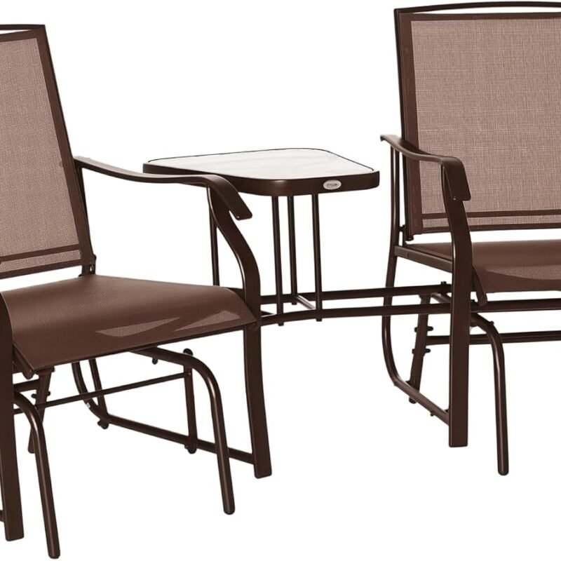 Outsunny Outdoor Glider Chairs with Coffee Table, Patio 2-Seat Rocking Chair Swing Loveseat with Breathable Sling for Backyard, Garden, and Porch, Coffee Brown