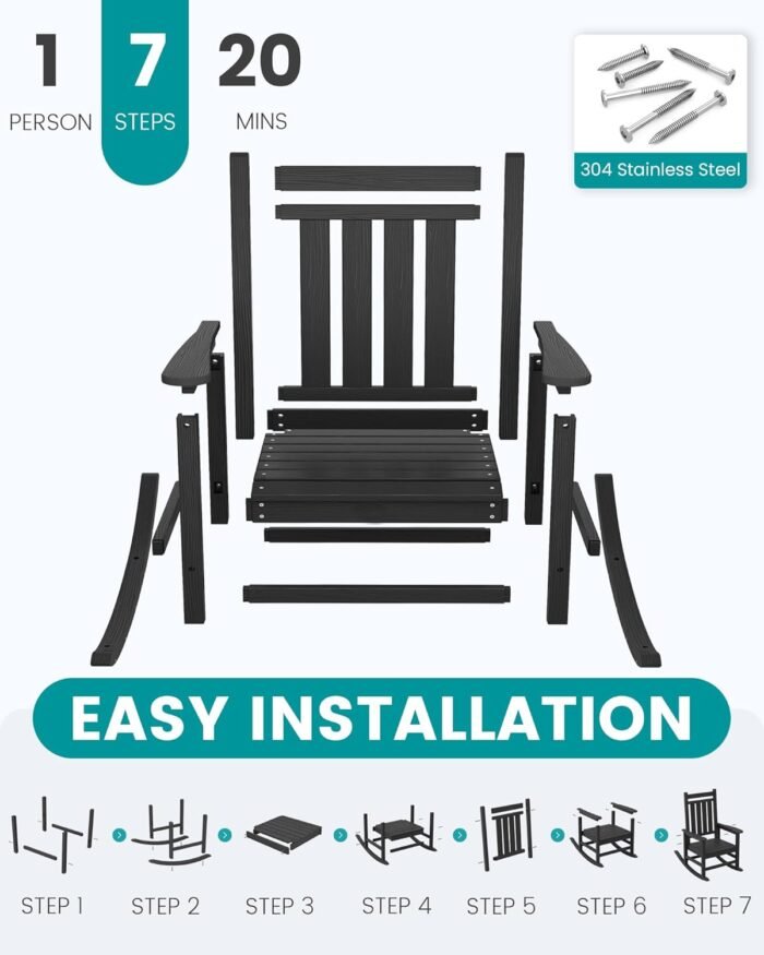 SERWALL SEWALL Oversized Cushioned Outdoor Rocking Chair, HDPE Rocker with Cushion, Patio Rocking Chairs for Porch, Black Chair+Gray Cushion - Image 8
